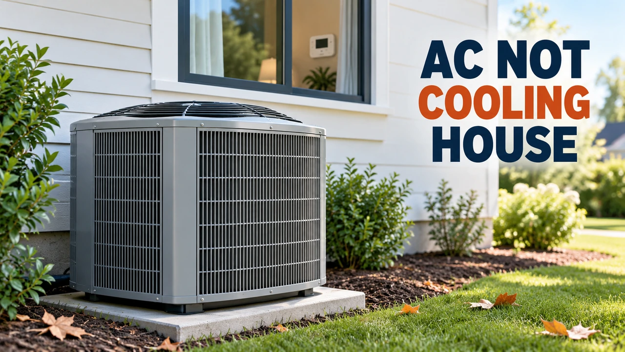 Outdoor air conditioner beside a house with clear space around its condenser and a closed window.