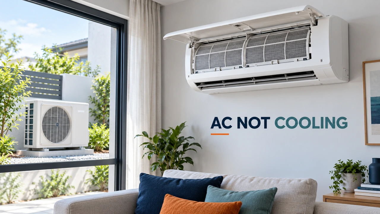 Wall-mounted split air conditioner with filter access open and an outdoor condenser visible through a window.