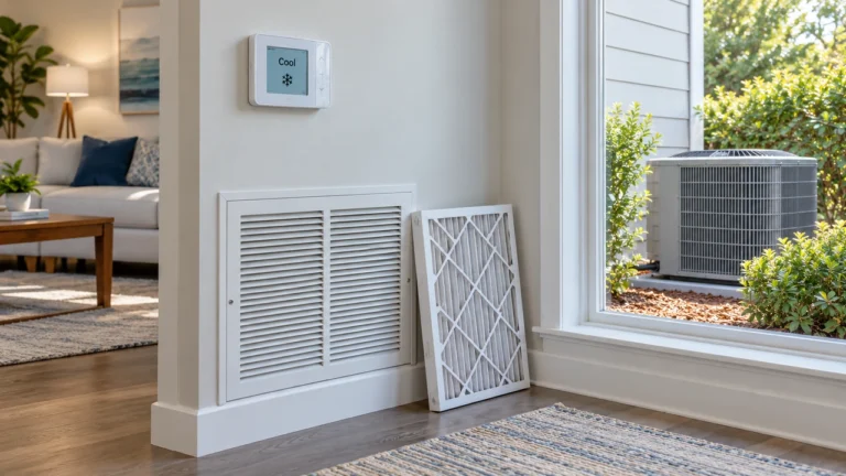 Wall thermostat and clean return-air filter beside a central air-conditioning system in a bright home.