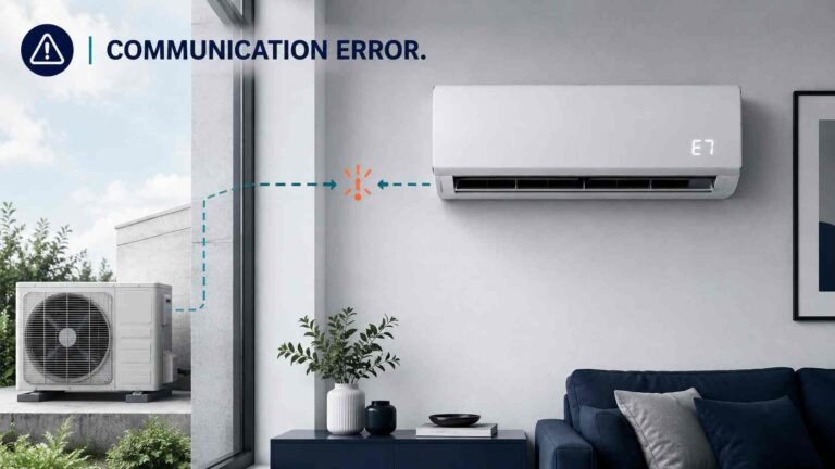 Split air conditioner displaying E7 with interrupted outdoor-unit communication