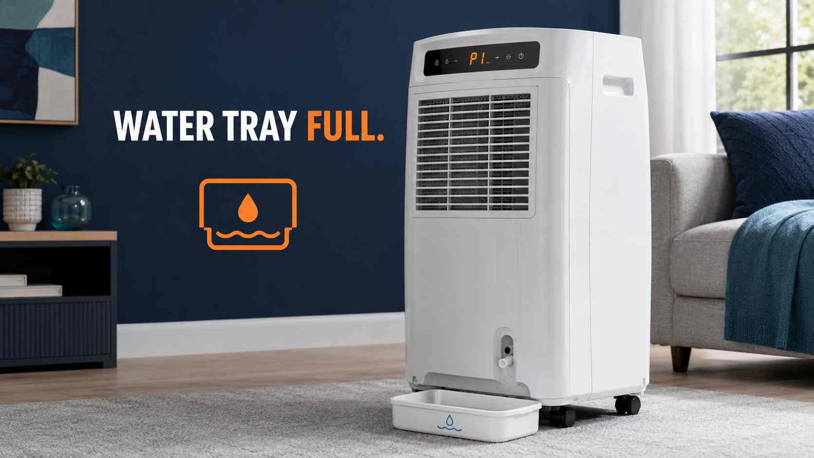 Portable air conditioner showing P1 beside a safe drain pan