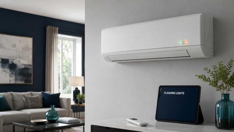 Wall-mounted air conditioner displaying green and orange flashing indicator lights