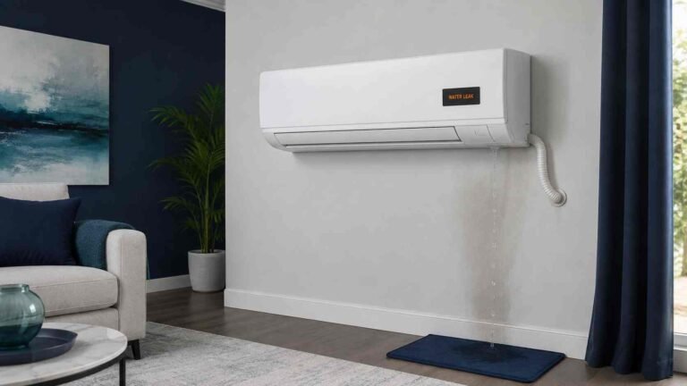 Wall-mounted split AC indoor unit dripping water inside a room