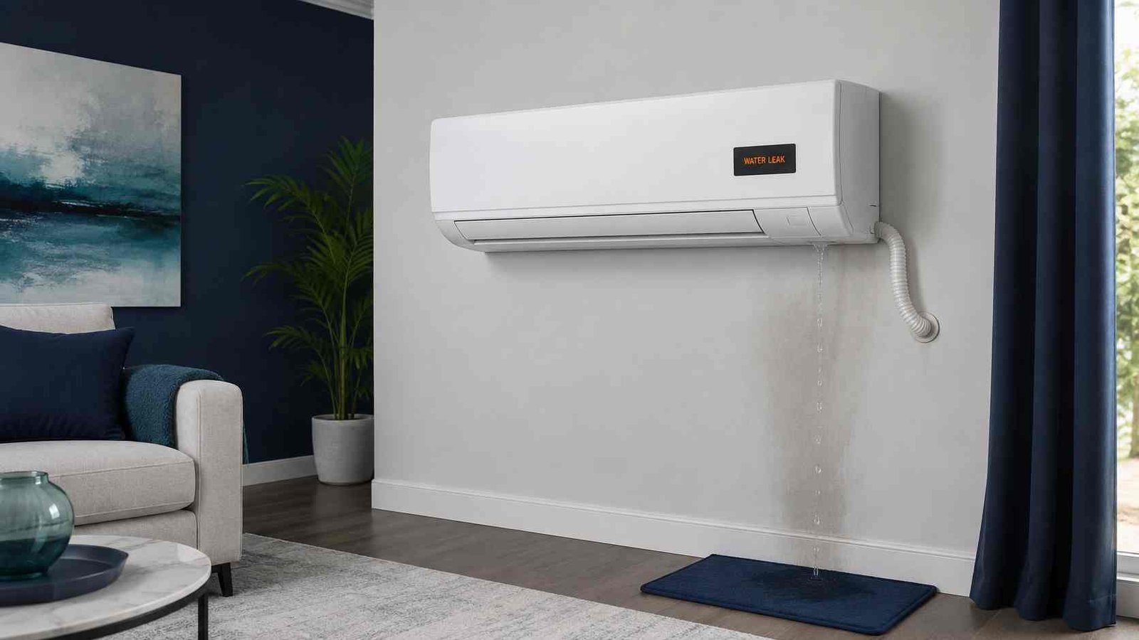 Wall-mounted split AC indoor unit dripping water inside a room