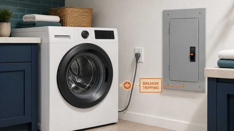Washing machine beside a closed panel with a tripped breaker
