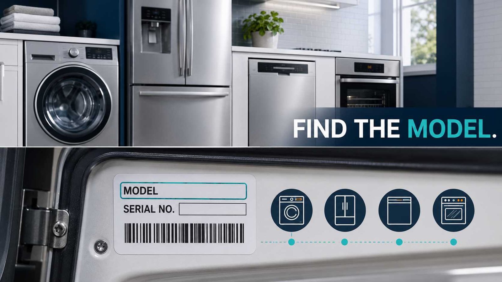 Appliance rating plate showing where to find the model number