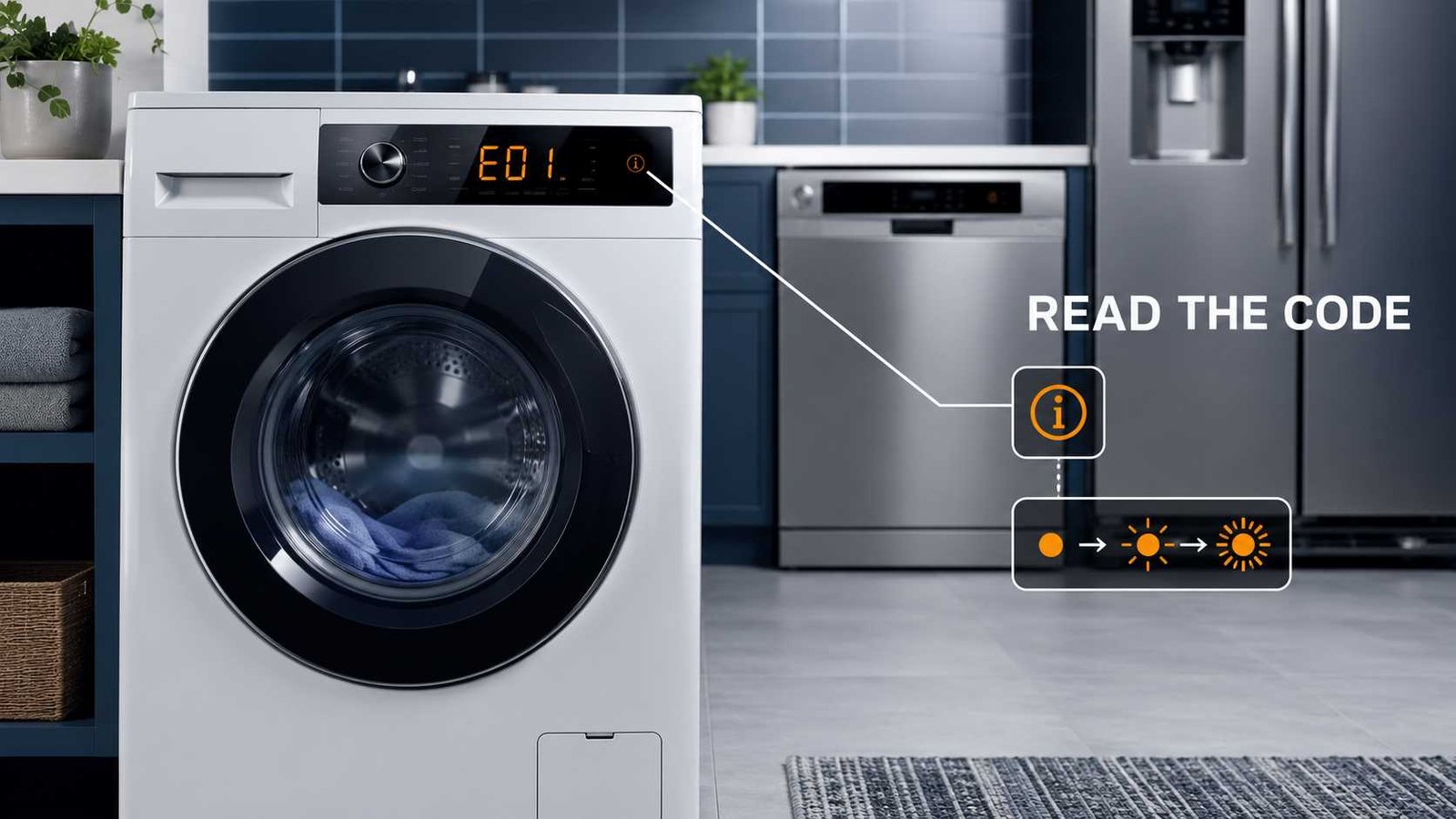 Generic appliance panels showing an error code, symbol, and flashing light