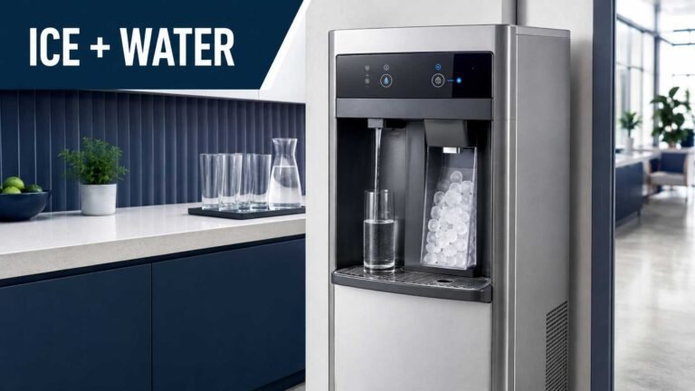 Modern ice maker and water dispenser combination machine in a kitchen