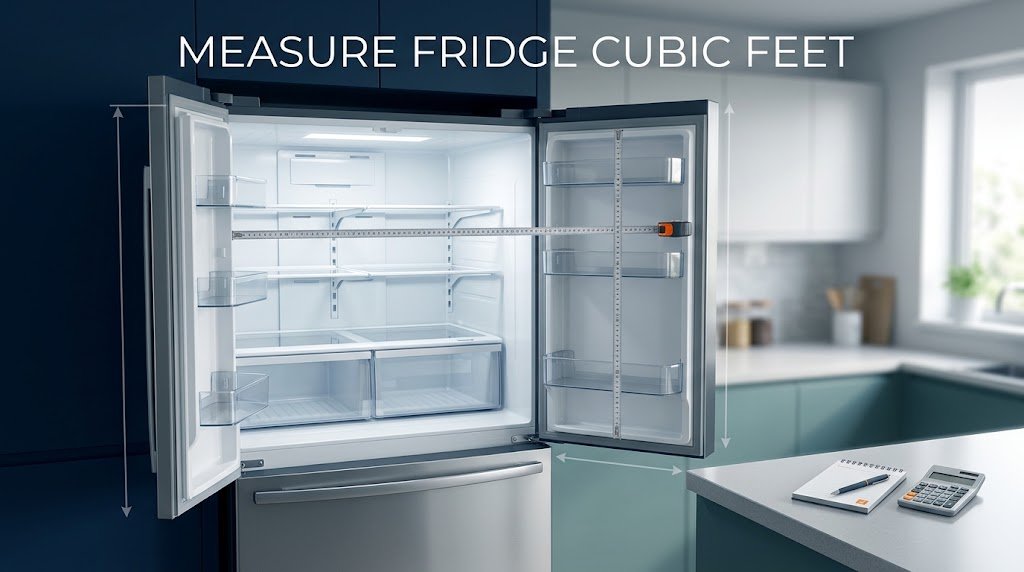 Open refrigerator interior with measuring tapes indicating the height and width of its storage space.