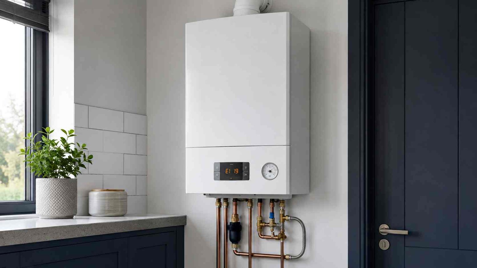 Generic wall-mounted boiler displaying E1 19 with a low pressure gauge