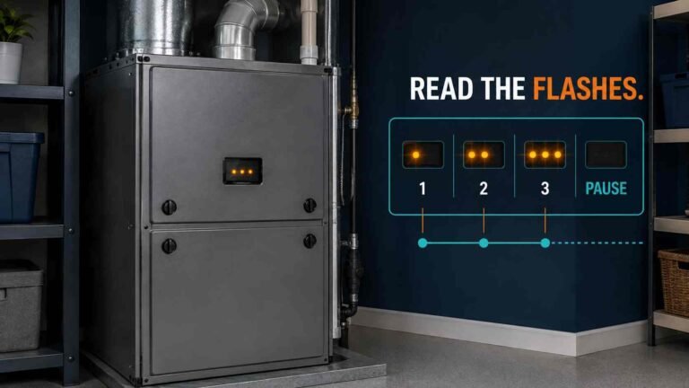 Modern gas furnace showing a blinking diagnostic light through its panel window.