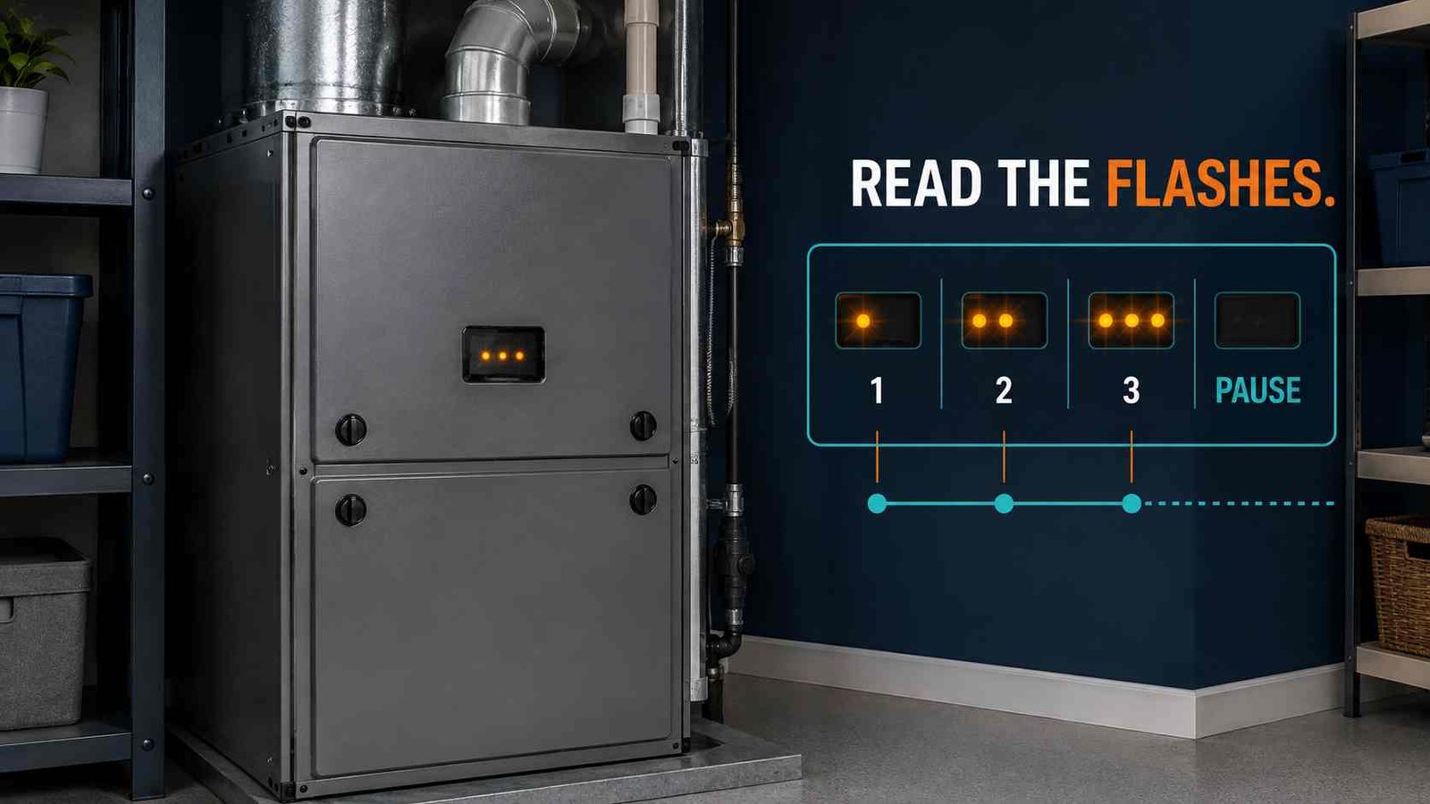 Modern gas furnace showing a blinking diagnostic light through its panel window.