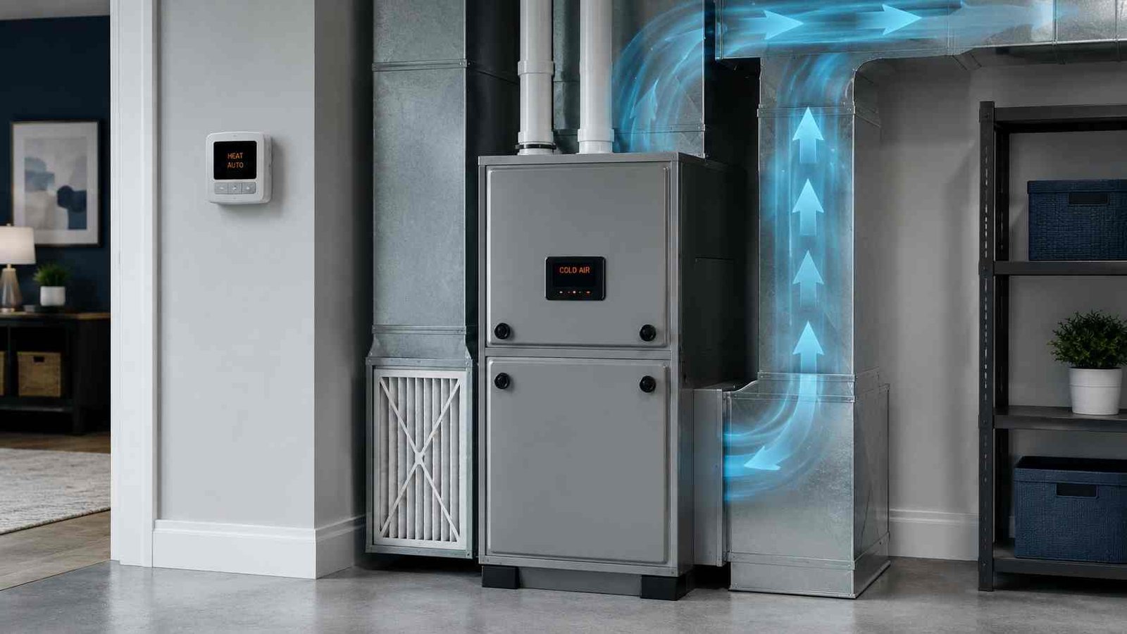 Modern furnace running while cool air moves through the ductwork