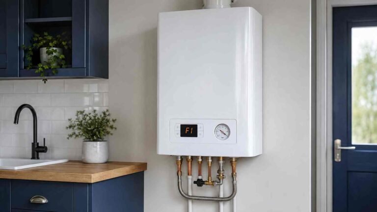 Wall-mounted boiler displaying F1 with a low pressure gauge