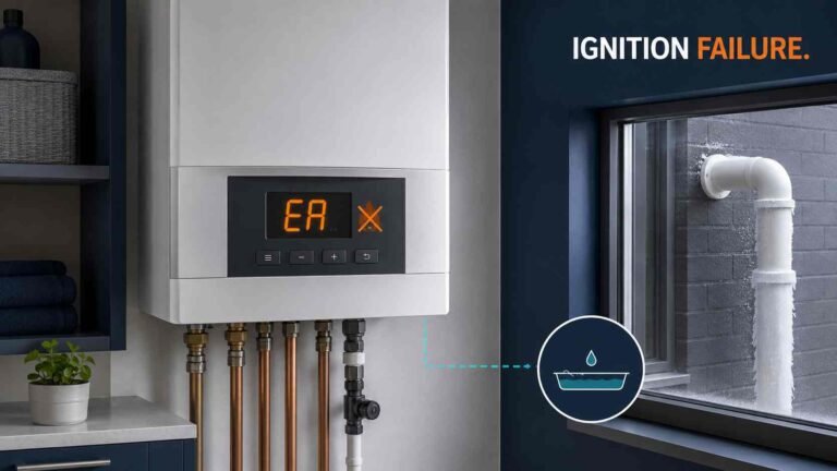 Wall-mounted boiler display showing an EA ignition fault code