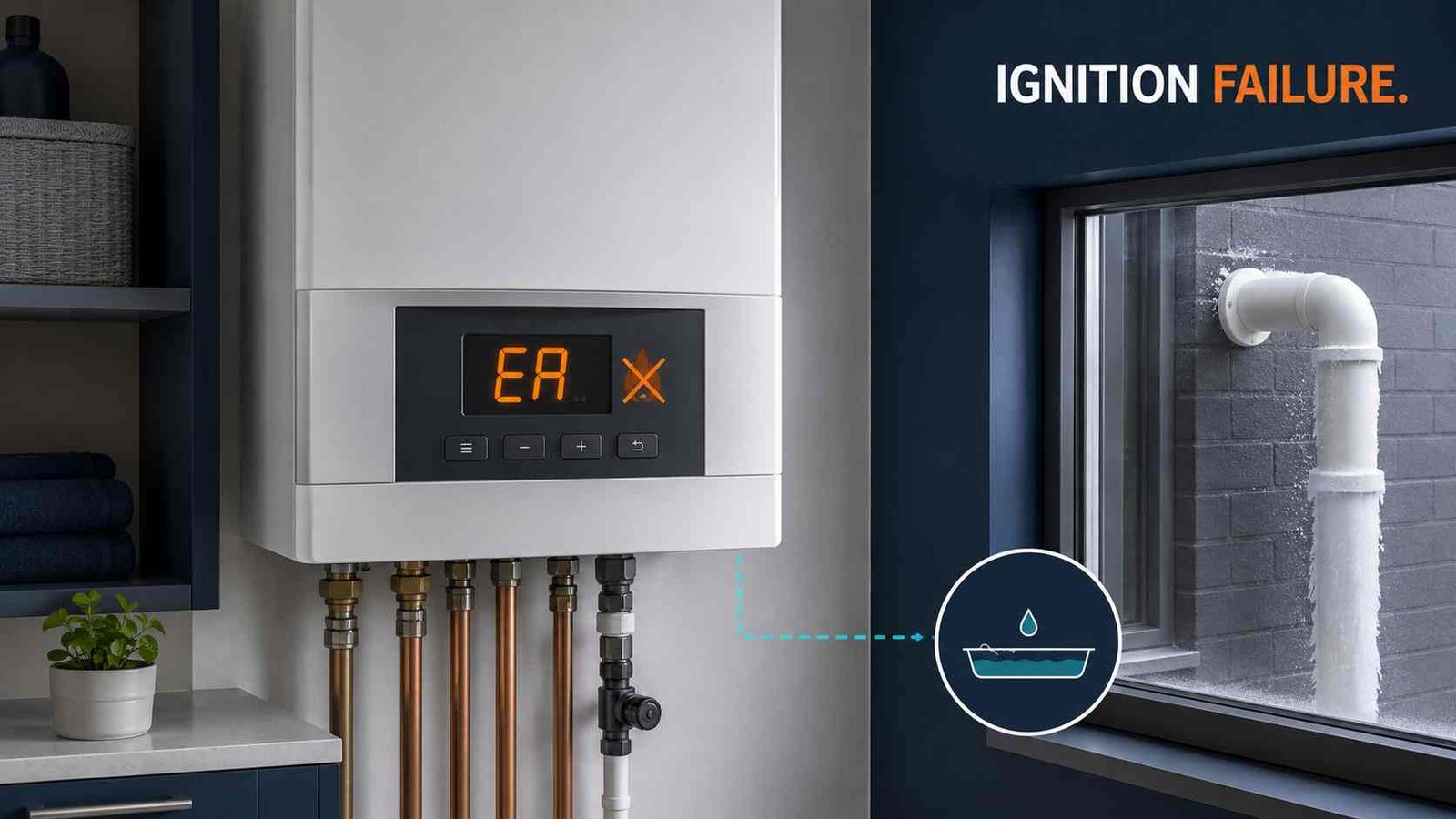 Wall-mounted boiler display showing an EA ignition fault code