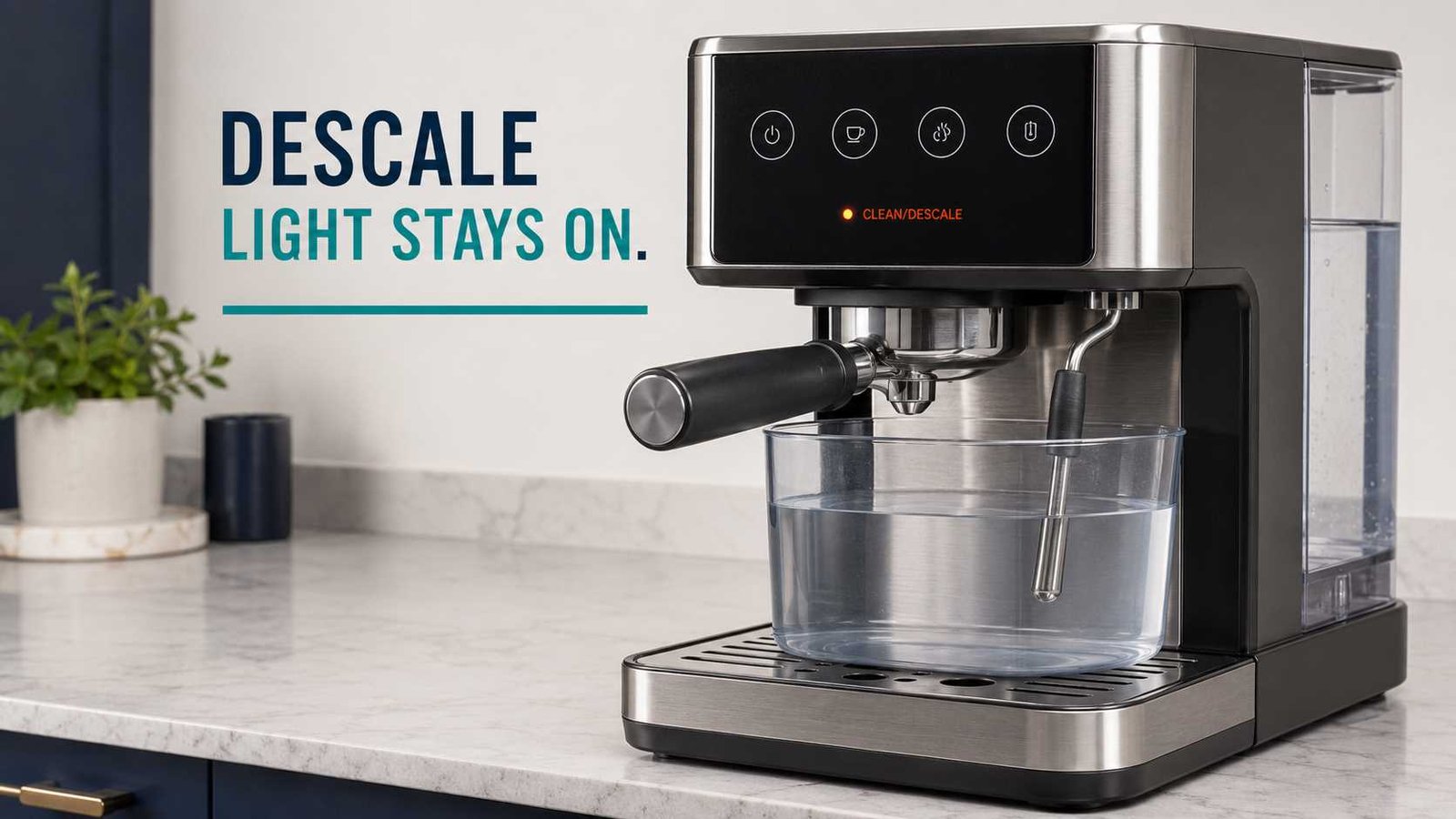 Generic espresso machine with solid descale warning light after cleaning