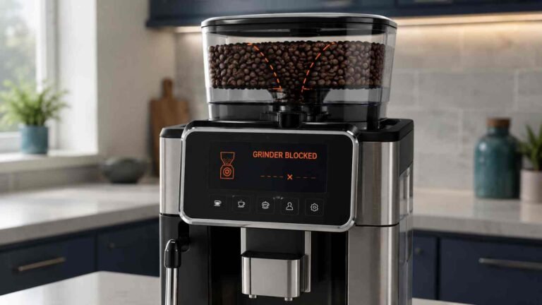 Bean-to-cup coffee machine showing a blocked grinder warning