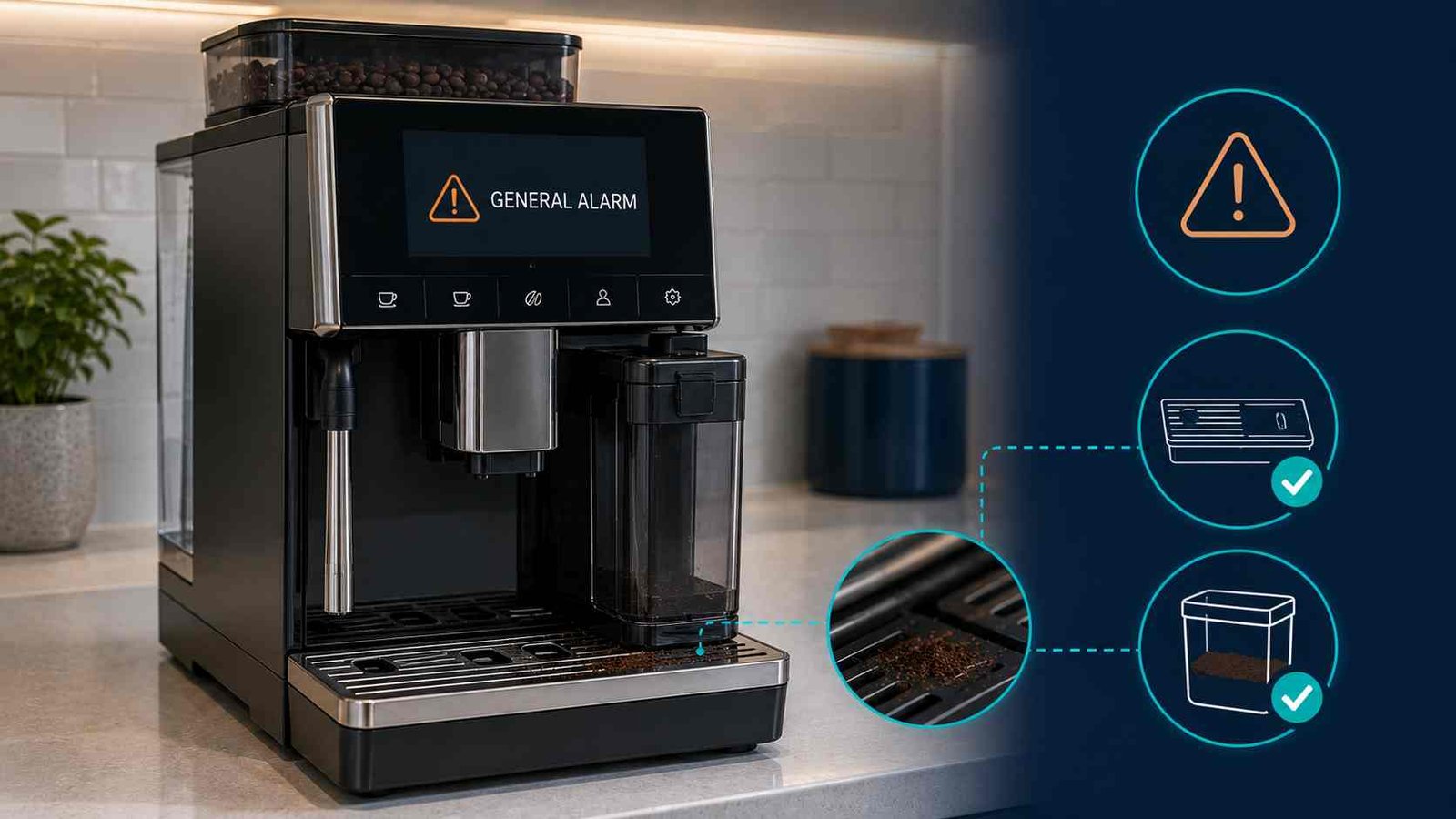 Automatic coffee machine displaying a general alarm warning