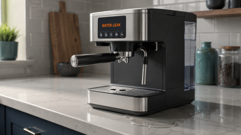 Clear water pooling underneath a modern countertop espresso machine