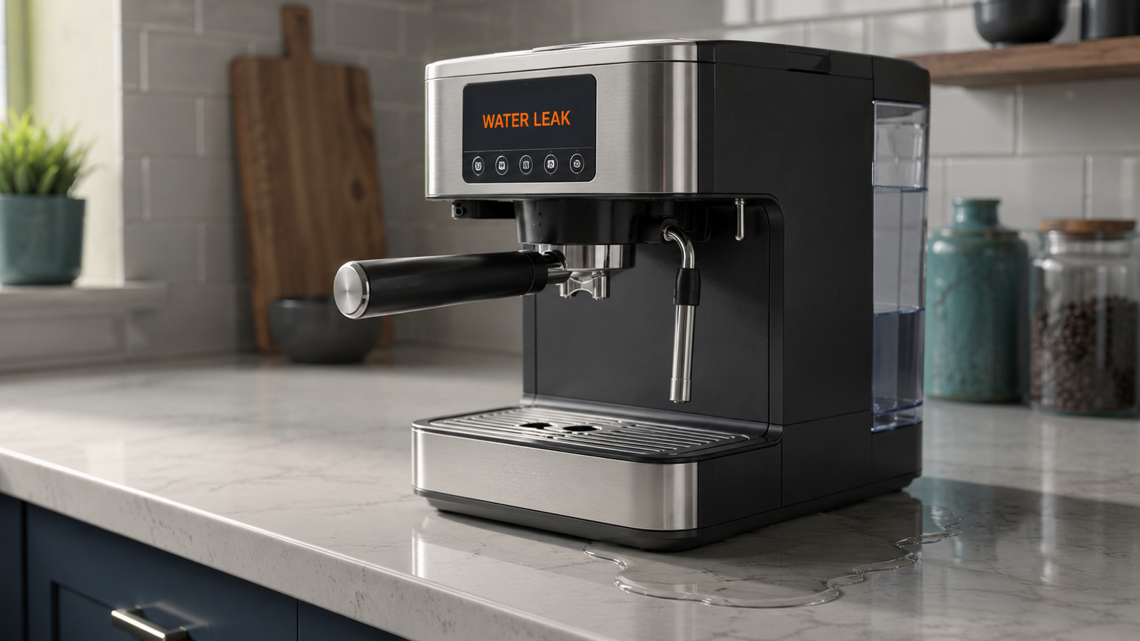 Clear water pooling underneath a modern countertop espresso machine