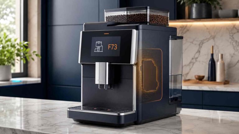 steel, glass and plastic textures, soft natural indoor lighting, clean composition, no people, no tools, no loose coffee grounds, no open panels, no exposed wiring, no unsafe repair activity, no manufacturer logos, no branded product design, no fake model numbers and no additional text. Image SEO Metadata File name: miele-coffee-machine-f73-error.webp Image title: Miele Coffee Machine F73 Error Display Alt text: Automatic