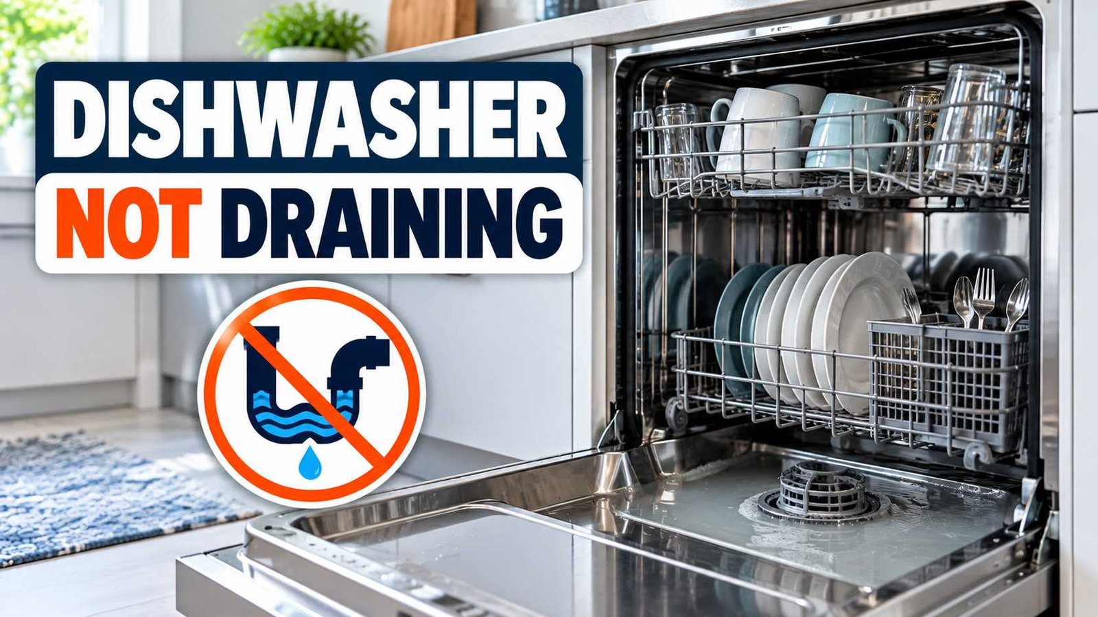 Open dishwasher with standing water around the filter and a not draining warning