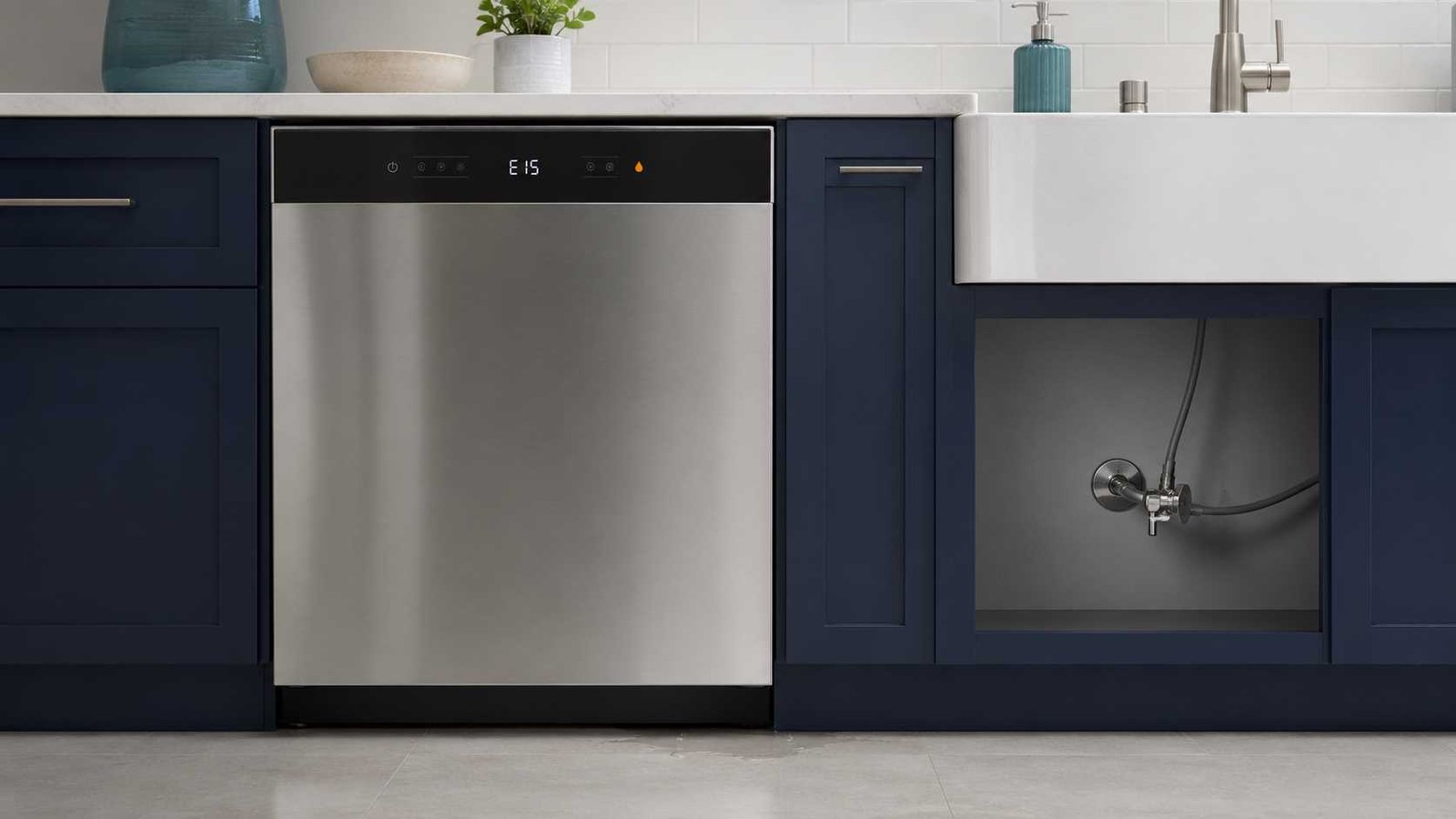 Dishwasher display showing E15 with moisture near the appliance base