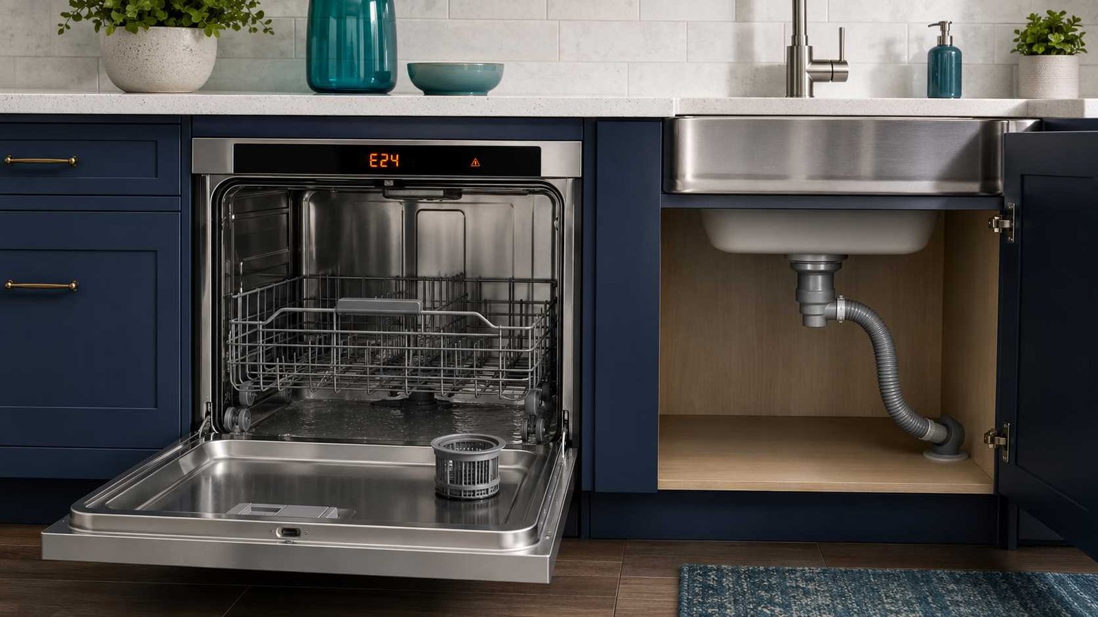 Dishwasher displaying E24 with filter and drain connection visible