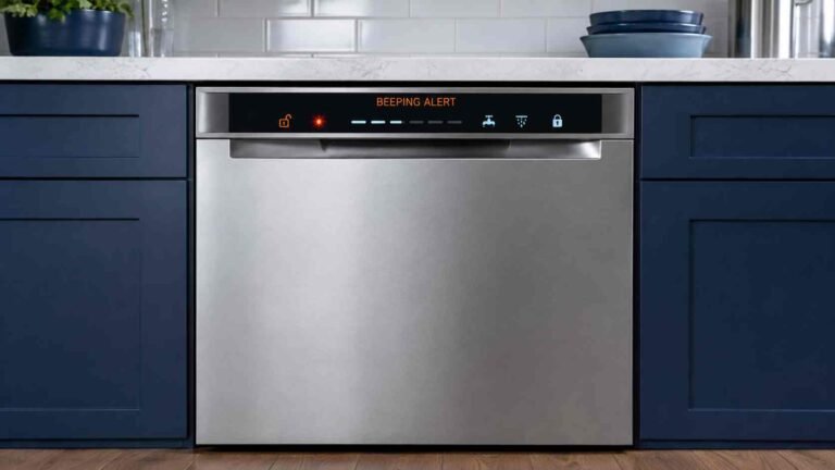 Built-in dishwasher displaying a generic beeping warning alert