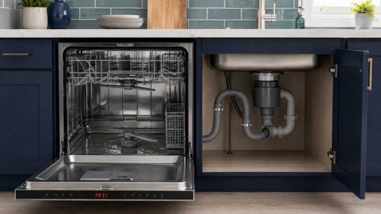 Dishwasher displaying F9 E1 with water near the bottom filter