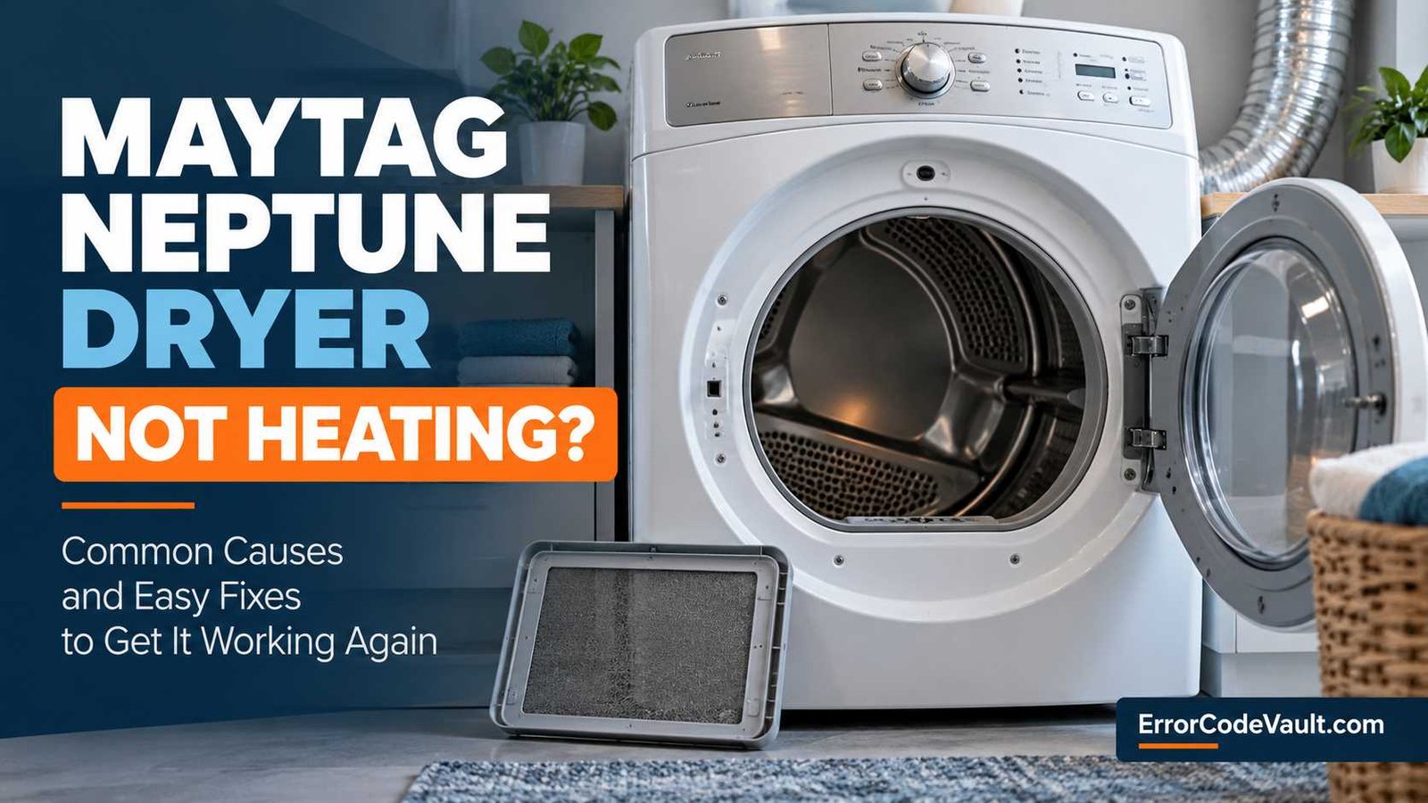 Maytag Neptune-style clothes dryer with open door illustrating a no-heat troubleshooting guide. Copy