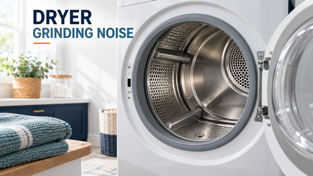 Open white clothes dryer showing the metal drum and a loose coin resting inside.