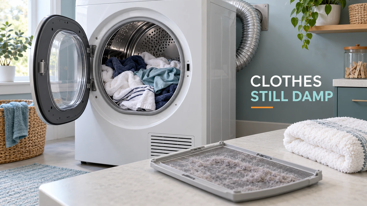 Open front-loading dryer with damp towels and shirts, beside a removable lint screen on the counter.