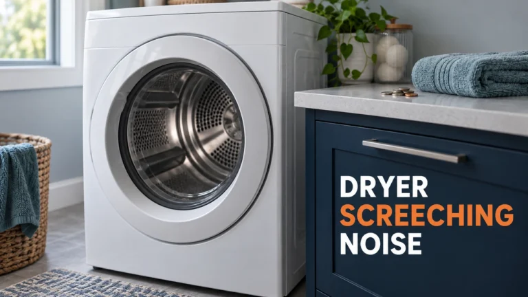 White front-loading dryer in a laundry room with small objects removed from clothing on a nearby counter.