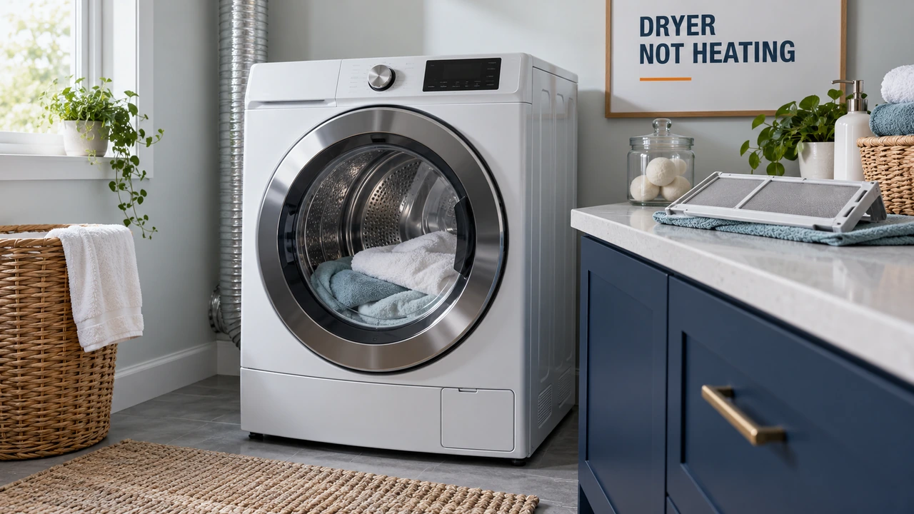 Front-loading clothes dryer with towels inside and a cleaned lint filter on the nearby counter.