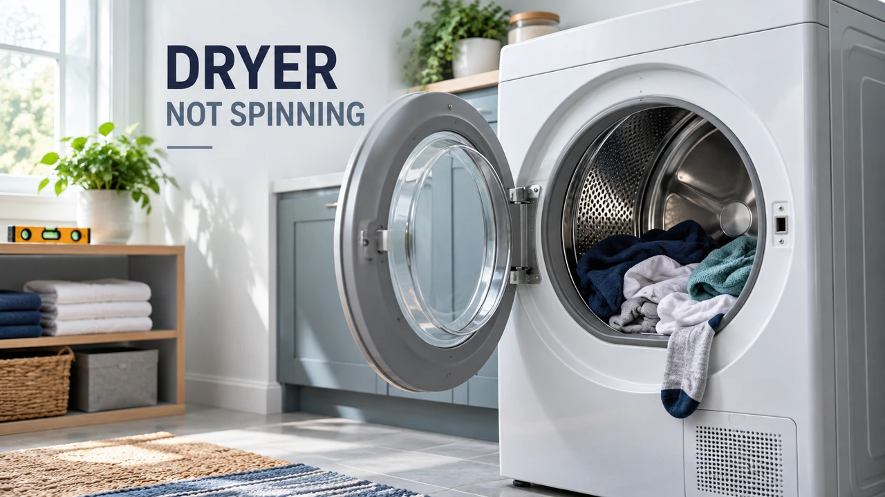 Open front-loading dryer with clothes resting in its stationary drum and the door latch visible.