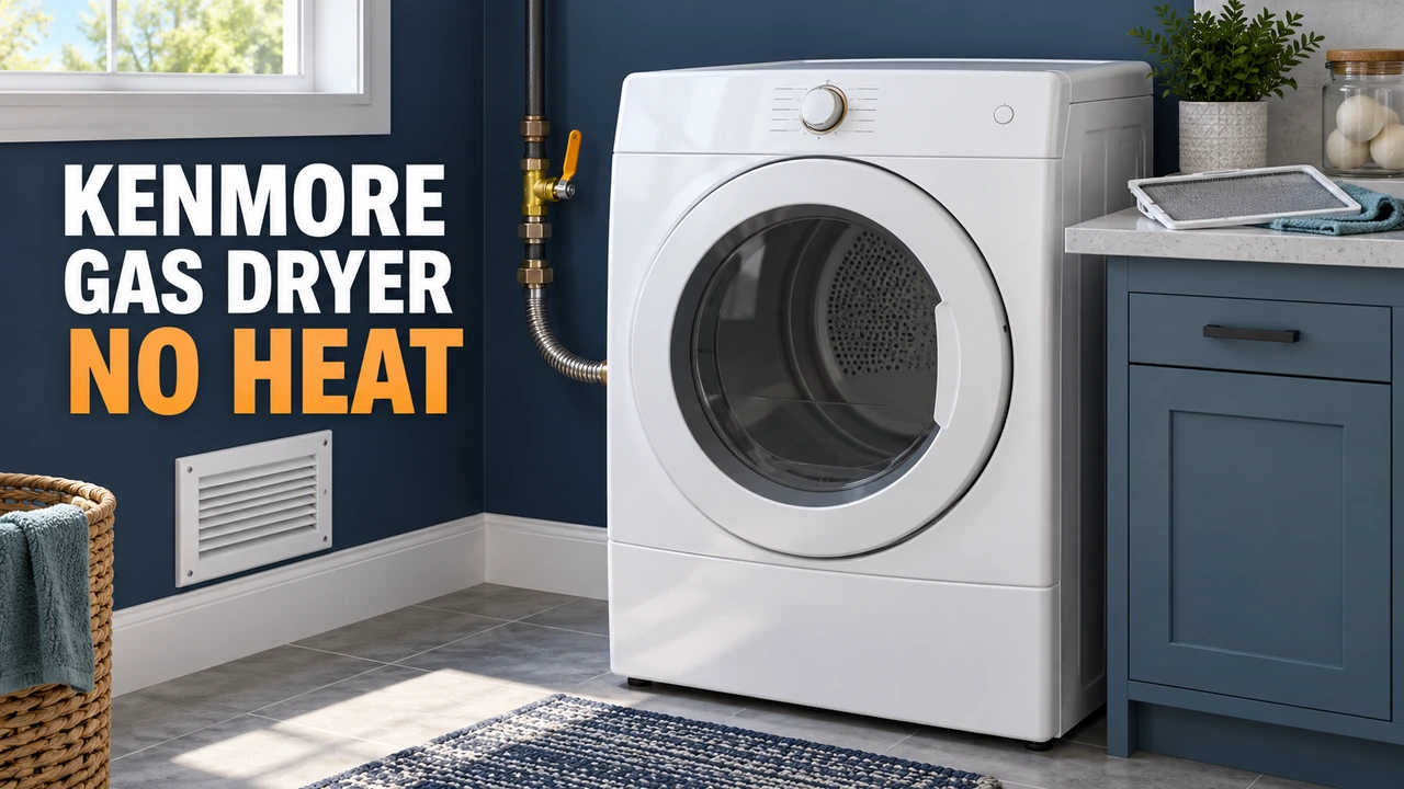 Closed white gas dryer with a cleaned lint screen nearby and a visible gas shutoff valve.
