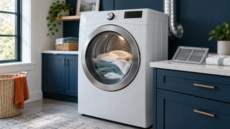 Front-loading dryer with towels visible inside and its clean lint screen on a nearby counter.