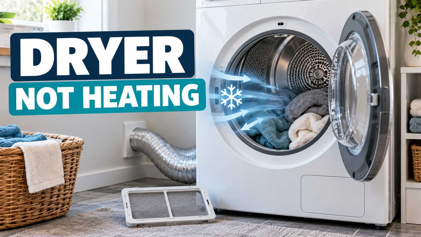 Front-loading dryer with an open door, laundry inside, and cool airflow illustration.