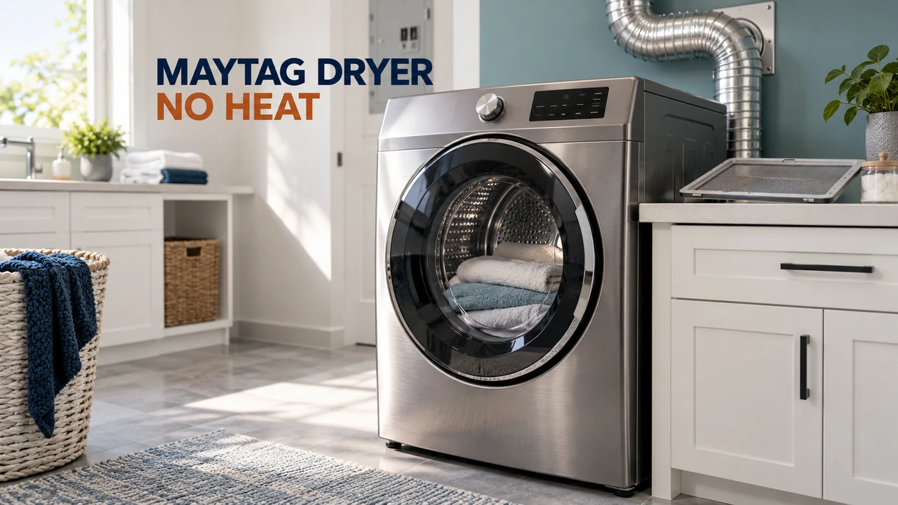 Front-loading dryer with towels inside and its removable lint screen resting on a nearby counter.