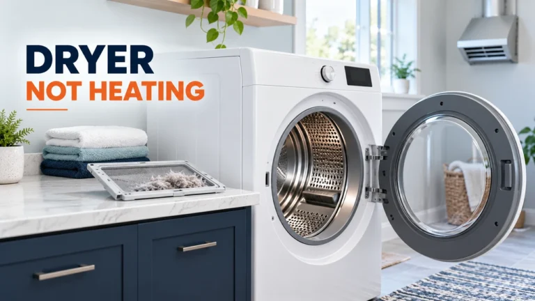 Open white clothes dryer beside a removable lint filter with lint on the screen.