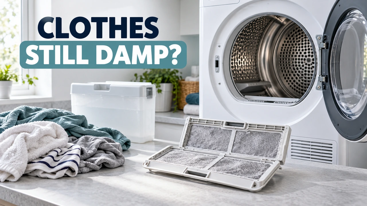 Open white tumble dryer with a removable fluff filter and damp cotton clothes on a nearby worktop.