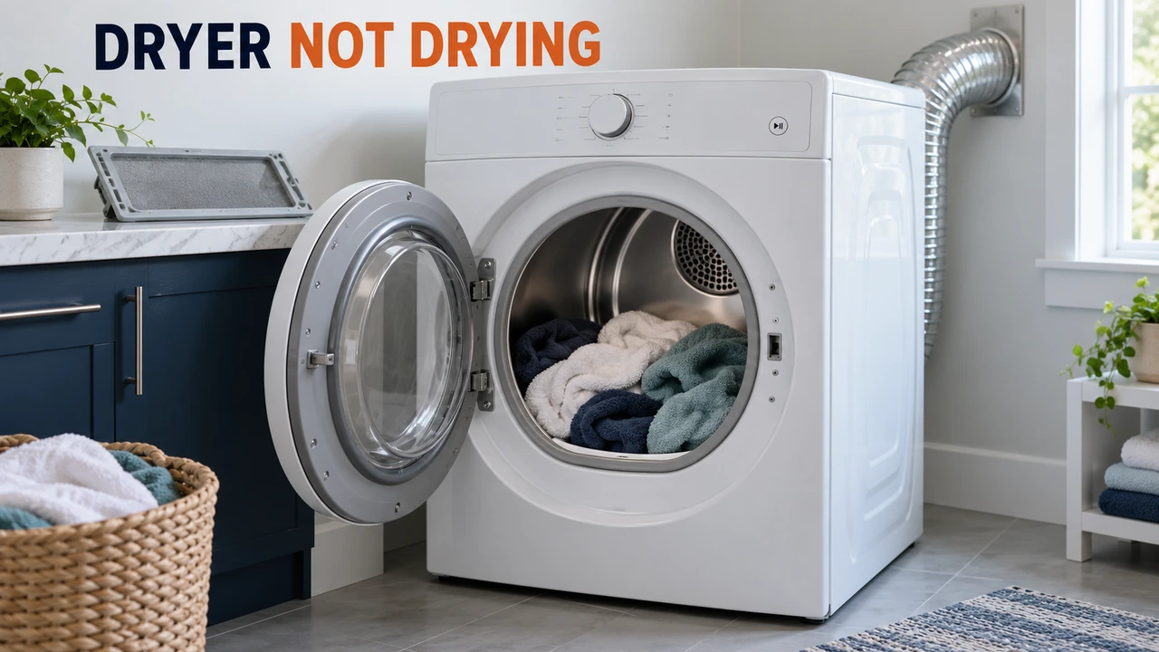 Open front-load dryer holding towels beside a removed lint screen and intact metal exhaust duct.