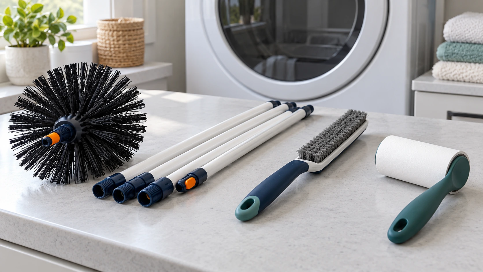 Exhaust-duct brush with rods beside a slender lint-screen brush and a clothing lint roller