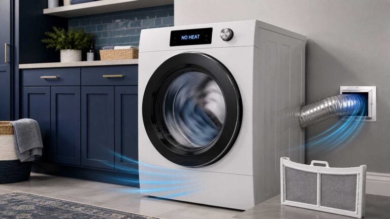 Front-load dryer displaying a no-heat warning in a clean laundry room