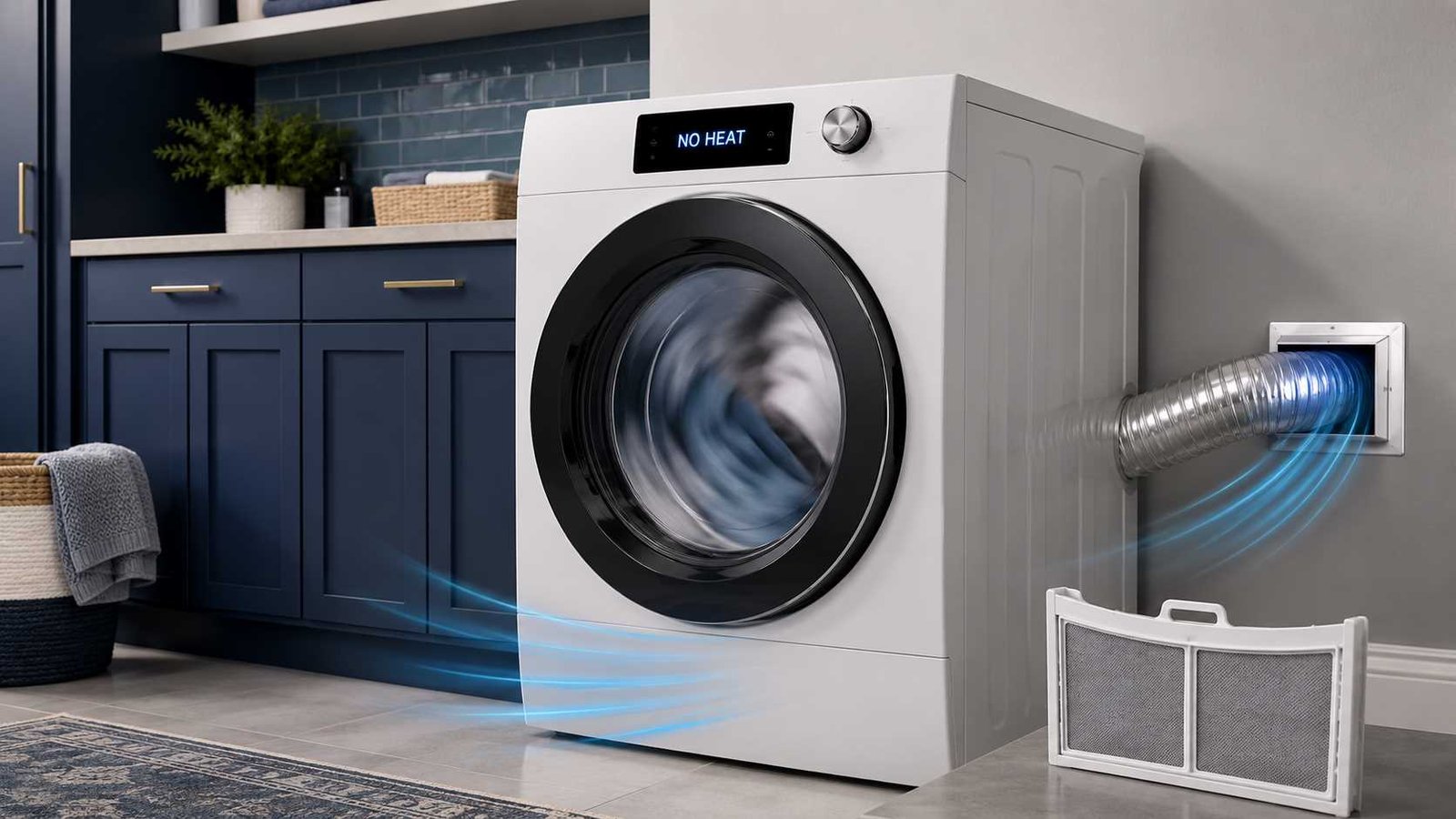 Front-load dryer displaying a no-heat warning in a clean laundry room