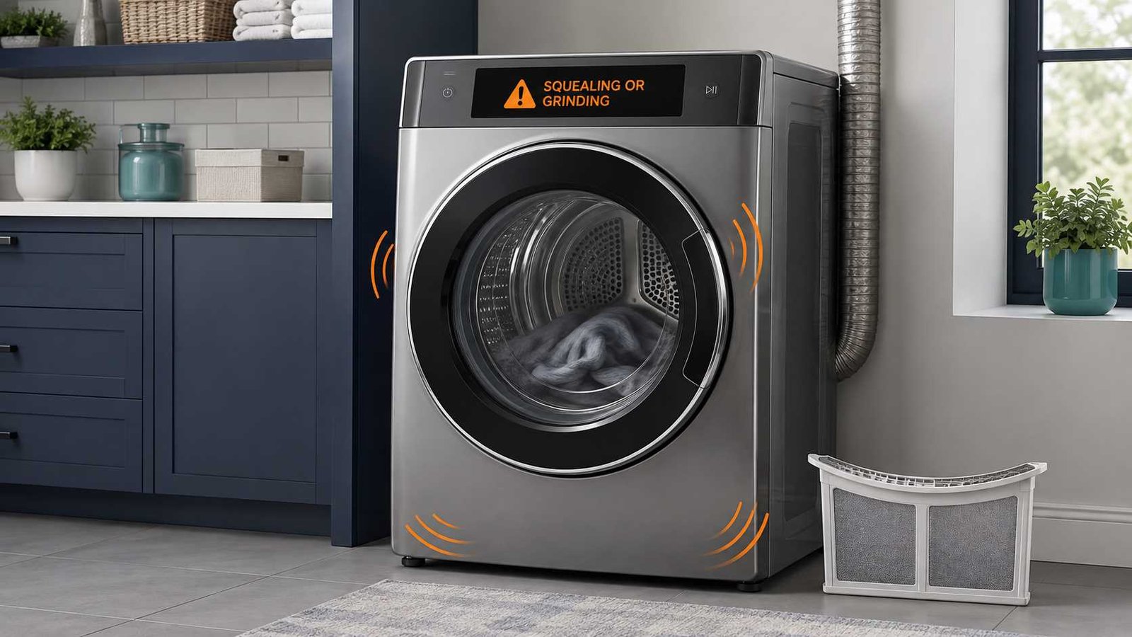 Modern clothes dryer showing squealing and grinding noise indicators