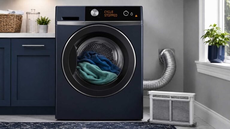 Modern clothes dryer stopped early with damp laundry inside