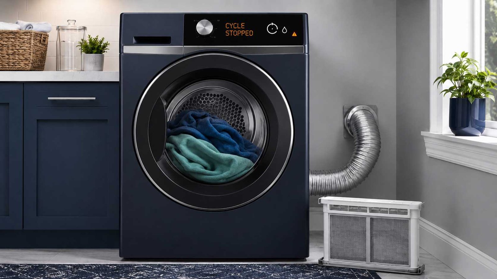 Modern clothes dryer stopped early with damp laundry inside